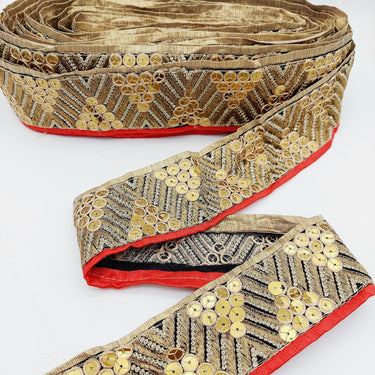 Indian Sari Trim, Black Art Silk Fabric With Gold Embroidery And Red Piping, Gold Sequins